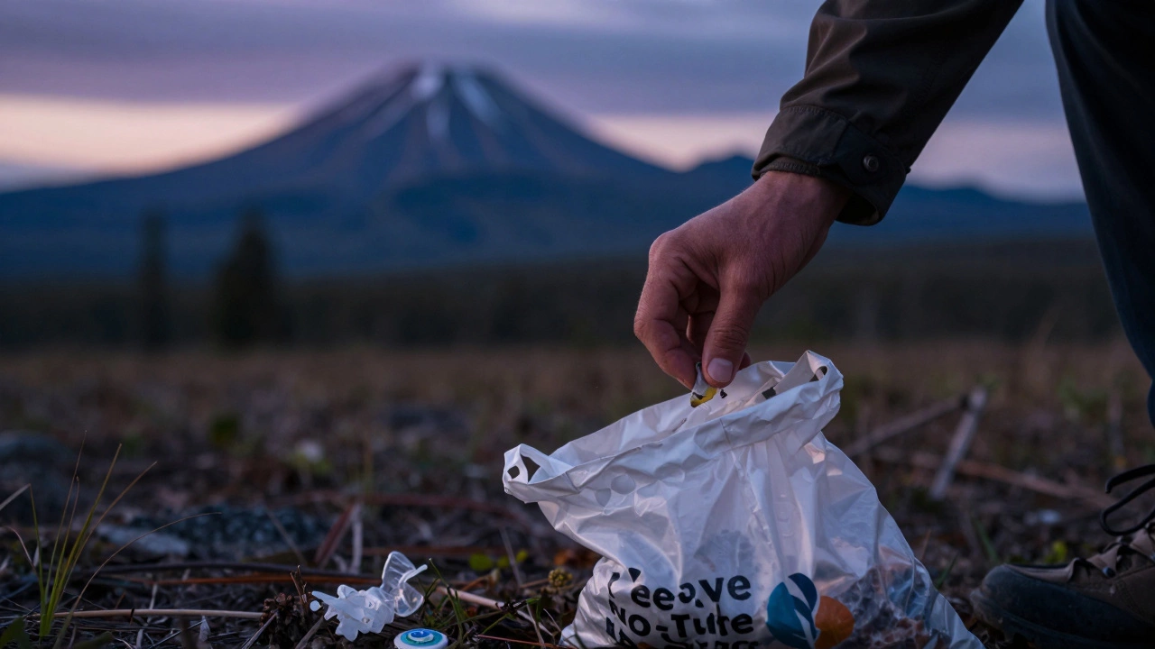 Рука человека убирает мусор с земли на фоне вулканов Камчатки