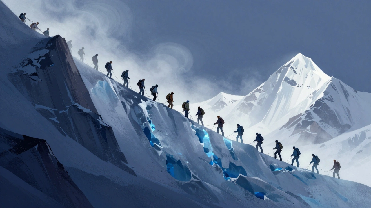 Схематичное изображение Зоны смерти на Эвересте с очередью людей и телами в леднике