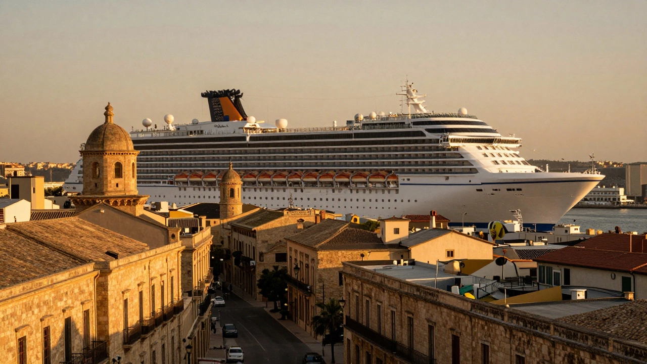 Современный круизный корабль на фоне исторической архитектуры Барселоны