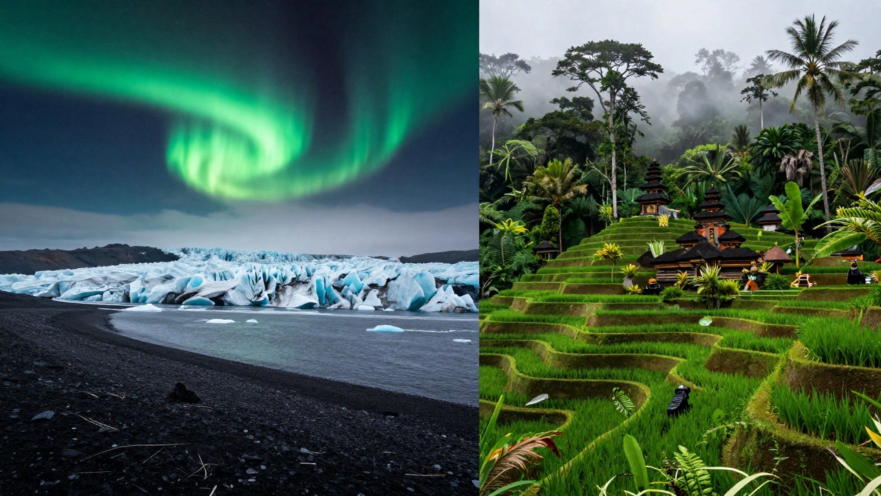 Сравнение черного пляжа Исландии с северным сиянием и рисовых террас Бали
