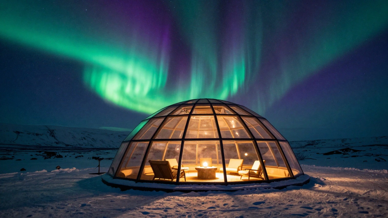 Стеклянный иглу в Исландии под ярким северным сиянием