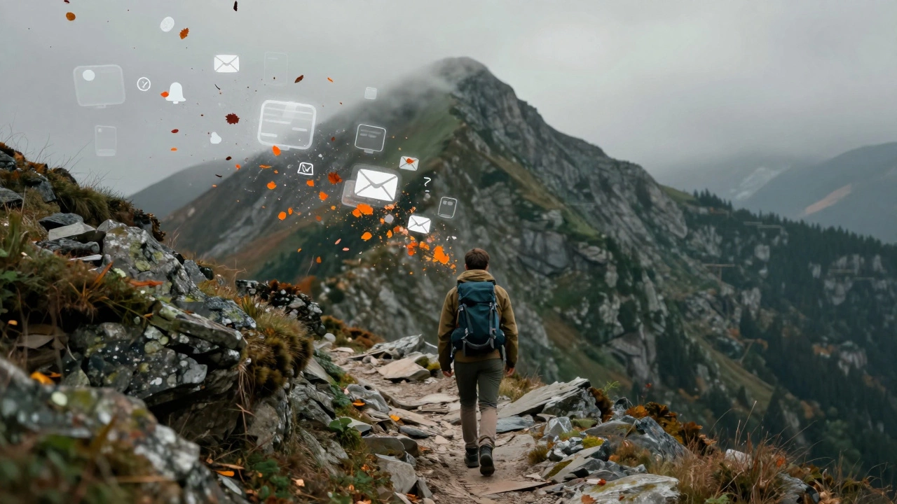 Турист в горах, вокруг которого рассыпаются цифровые уведомления