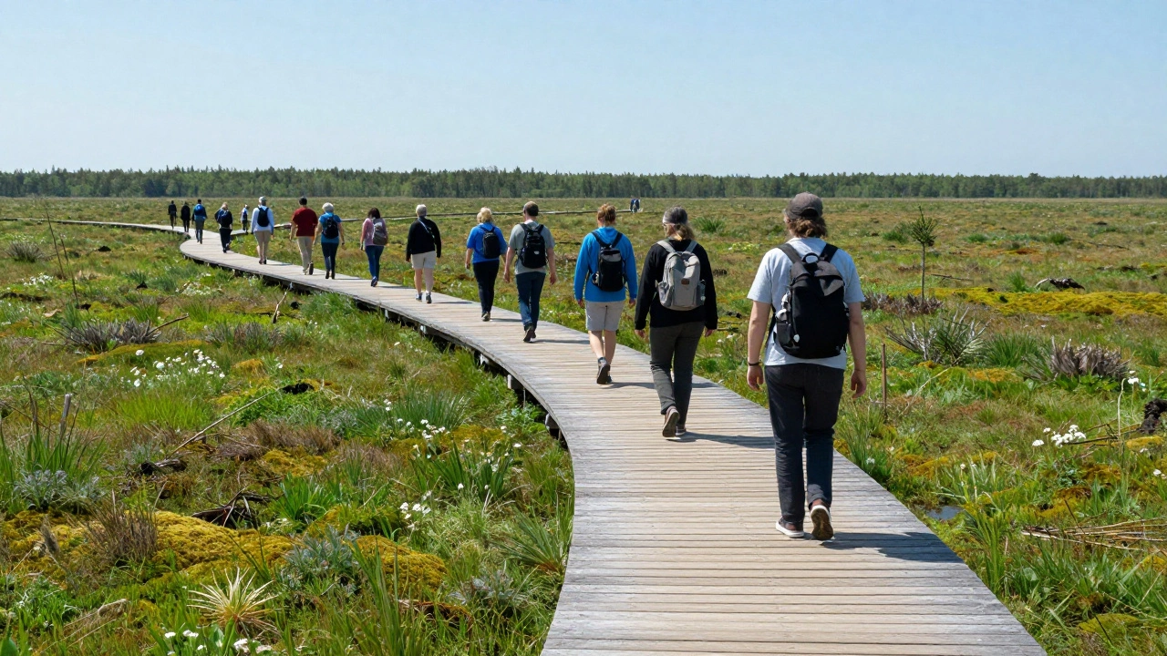 Туристы идут по обустроенному деревянному настилу экологической тропы