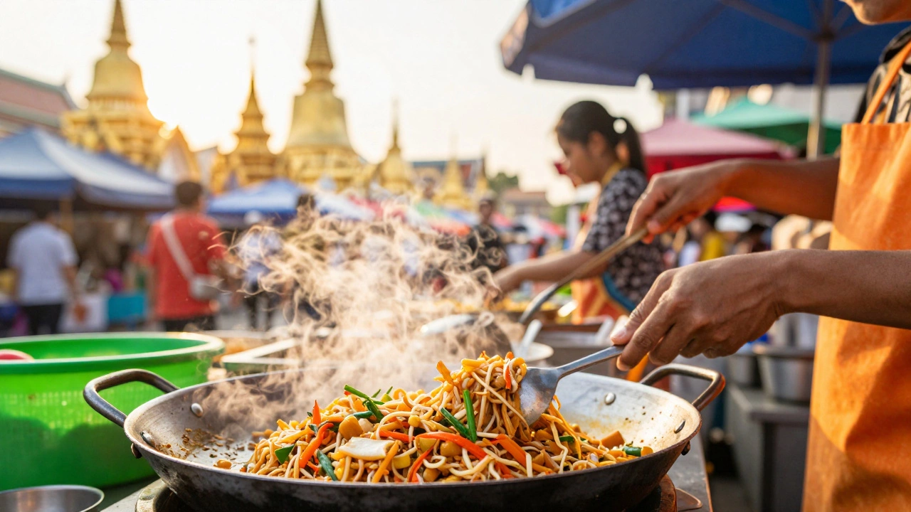 Уличный рынок в Таиланде с приготовлением еды на фоне золотых пагод