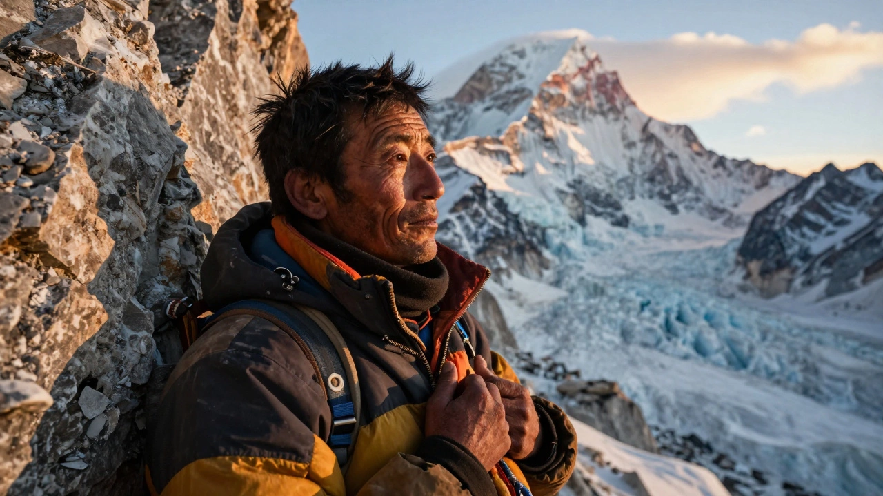 Усталый шерпа на фоне опасных ледяных трещин ледопада Хумбу