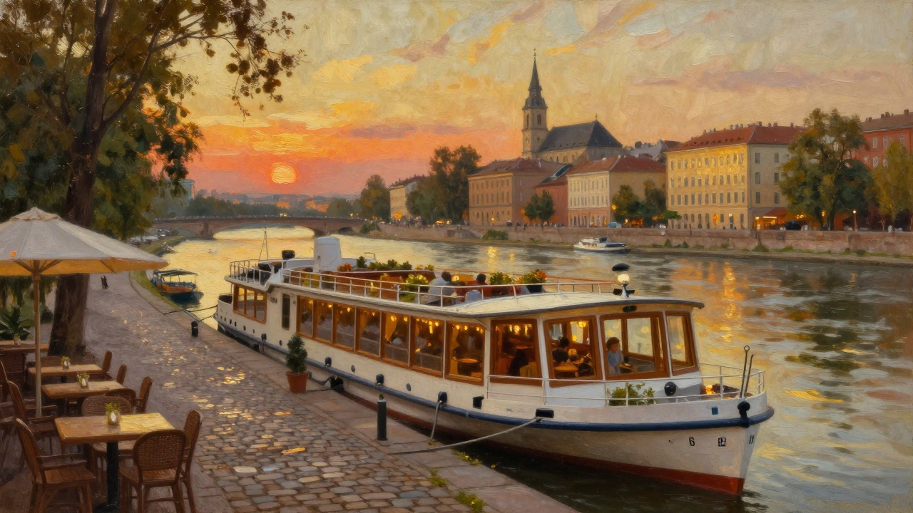 Уютный речной теплоход, пришвартованный у набережной старинного города в лучах заката