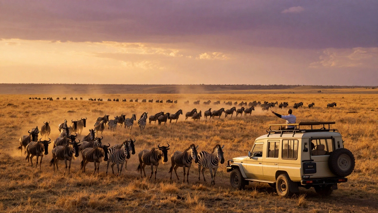 Великая миграция антилоп гну и зебр в саванне Серенгети на закате