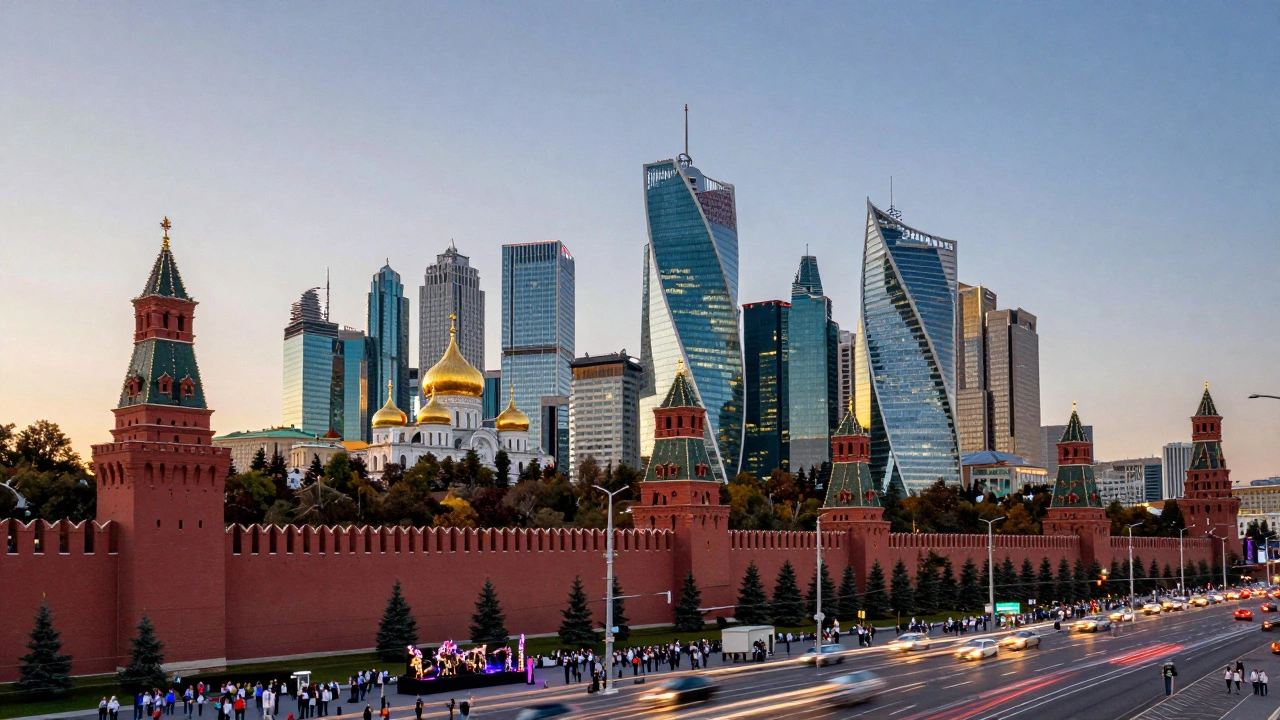 Москва: Кремль и Москва-Сити на фоне заката, оживленные улицы города