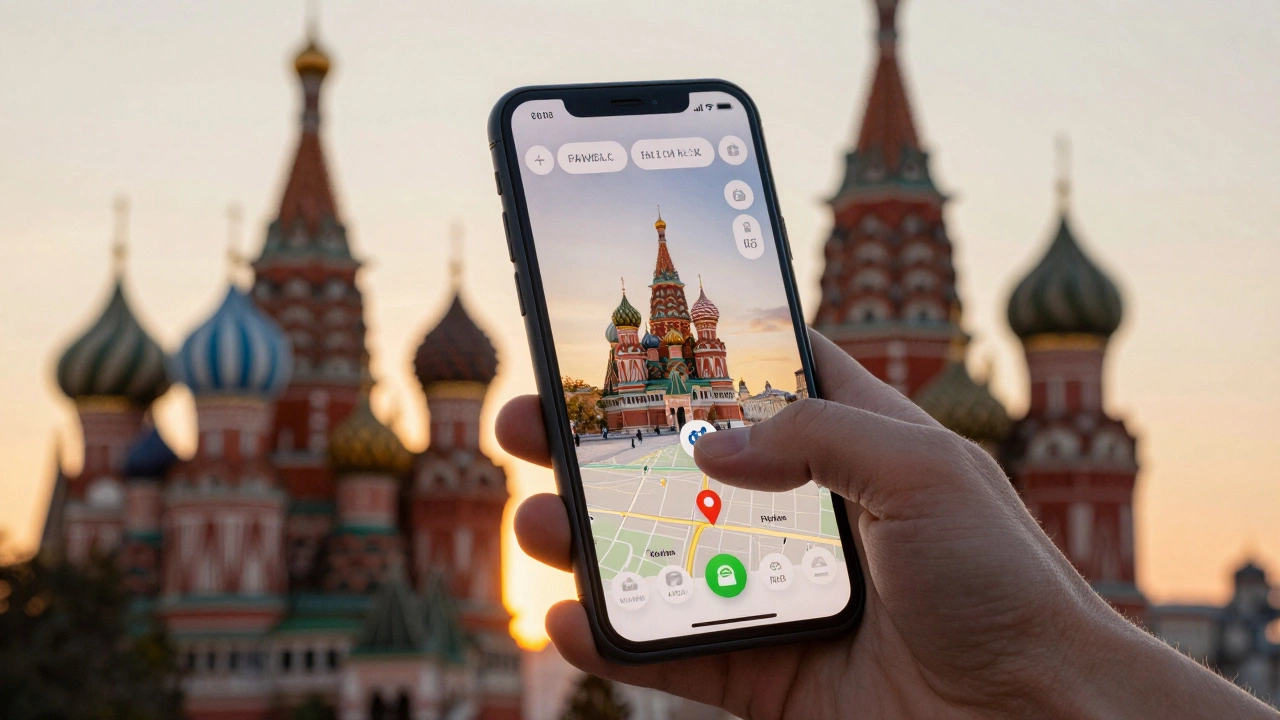 Рука держит смартфон с картой города на фоне заката над русской архитектурой