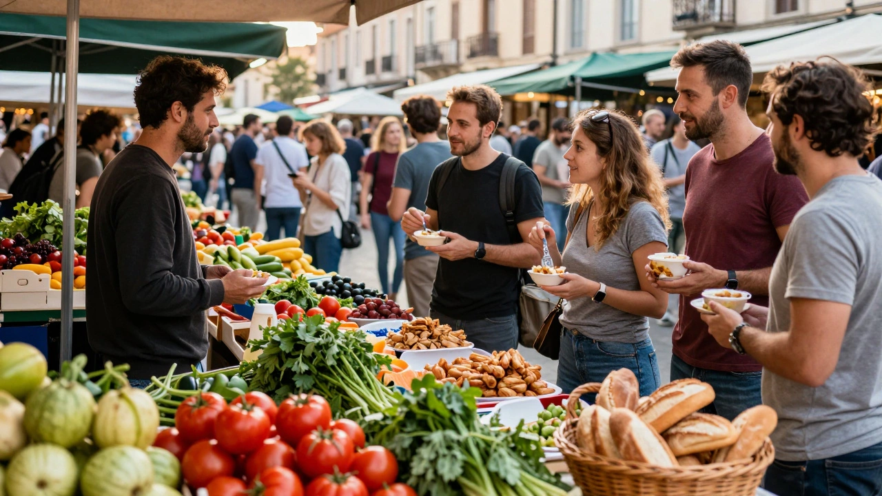 Туристы дегустируют местные продукты на ярком европейском рынке