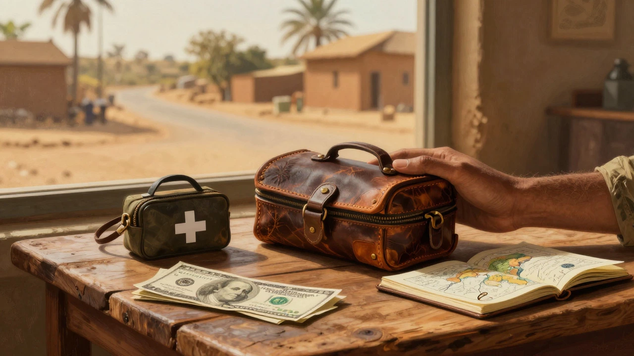 Traveler's hands holding a map and first-aid kit on a wooden table, preparing for a trip