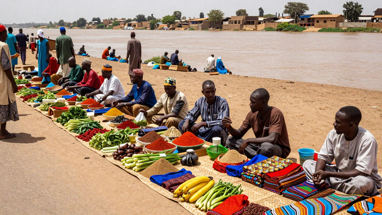 Vendors selling colorful spices and textiles at a busy market in Niamey, Niger
